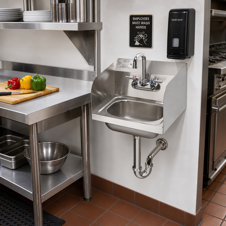 Product image #2 for Krowne Stainless Steel Wall-Mount Hand Wash Sink with 14 x 10 x 5 Inch Bowl, Faucet, Side Splashes and P-Trap