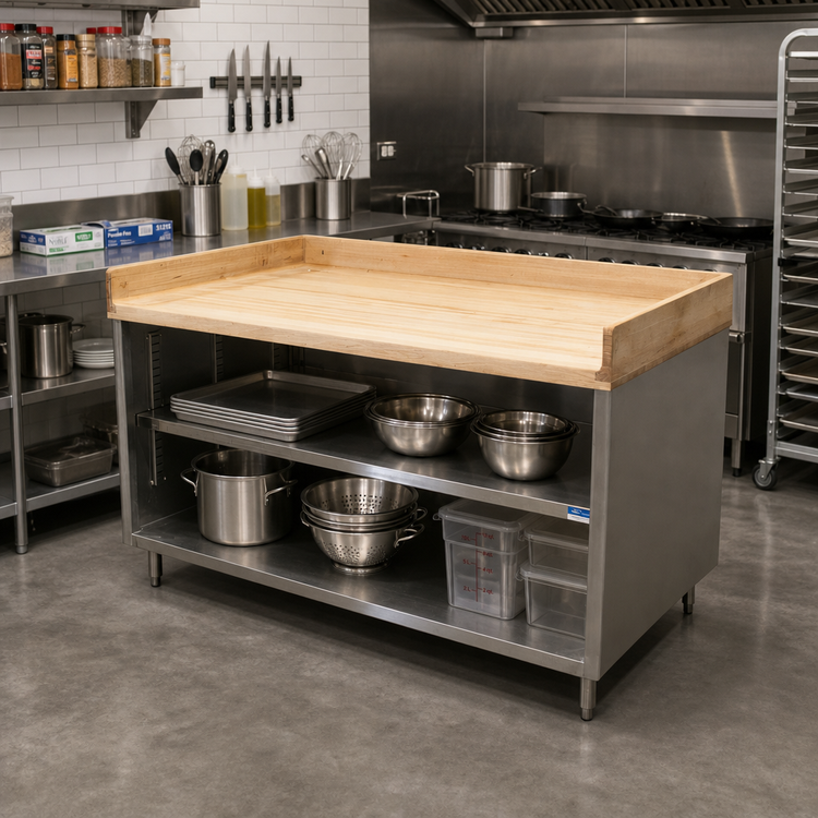 Product image #2 for BK Resources 48-Inch x 30-Inch Hard Maple Wood Top Chef Table with Open Front Stainless Steel Cabinet Base