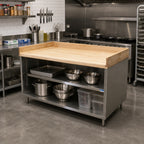 Thumbnail image #2 for BK Resources CMBT-3048 48-Inch x 30-Inch Hard Maple Top Chef Table with Open Front Stainless Steel Cabinet Base, 4-Inch Coved Riser