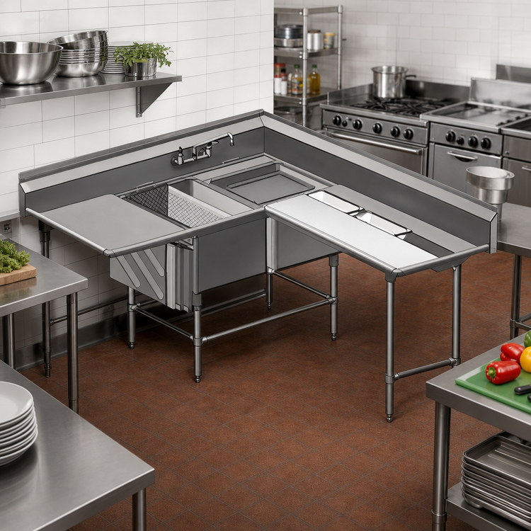 Product image #2 for Spec-Master FNP Series Two-Compartment Coved Corner Prep Sink with Left Prep Area and Right Drainboard