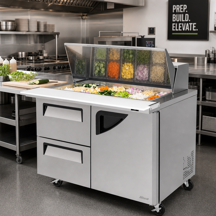 Product image #2 for Turbo Air Super Deluxe Two-Section Sandwich/Salad Mega Top Prep Table with 18-Pan Opening, 2 Drawers and 1 Door
