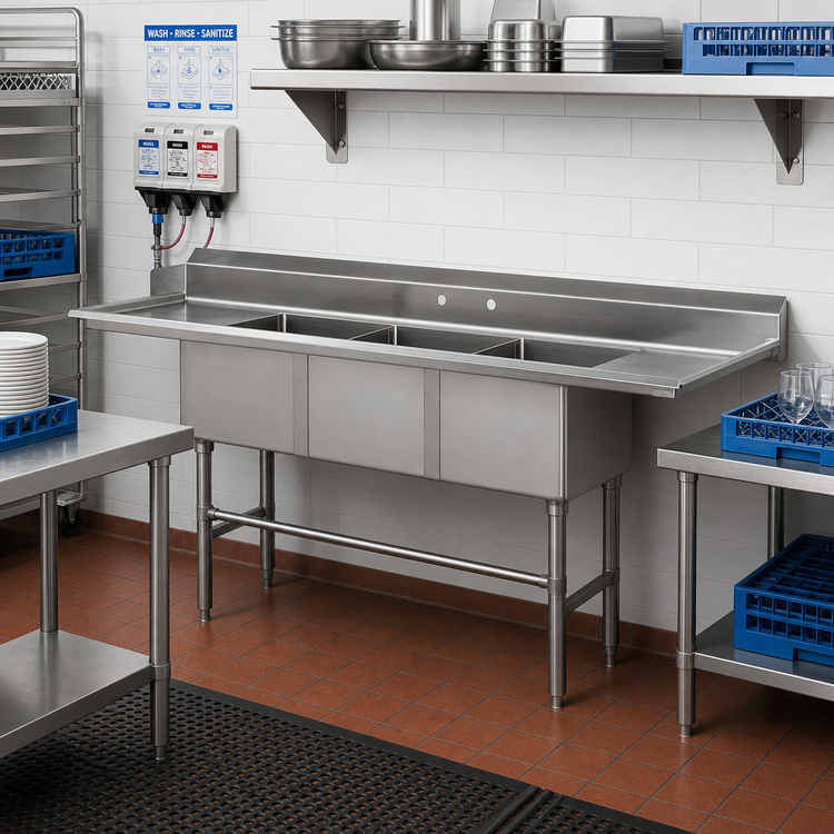 Product image #2 for Advance Tabco Special Value Series 90-Inch Right-Hand 3-Compartment Sink Dishtable with 16-Gauge Stainless Steel Top