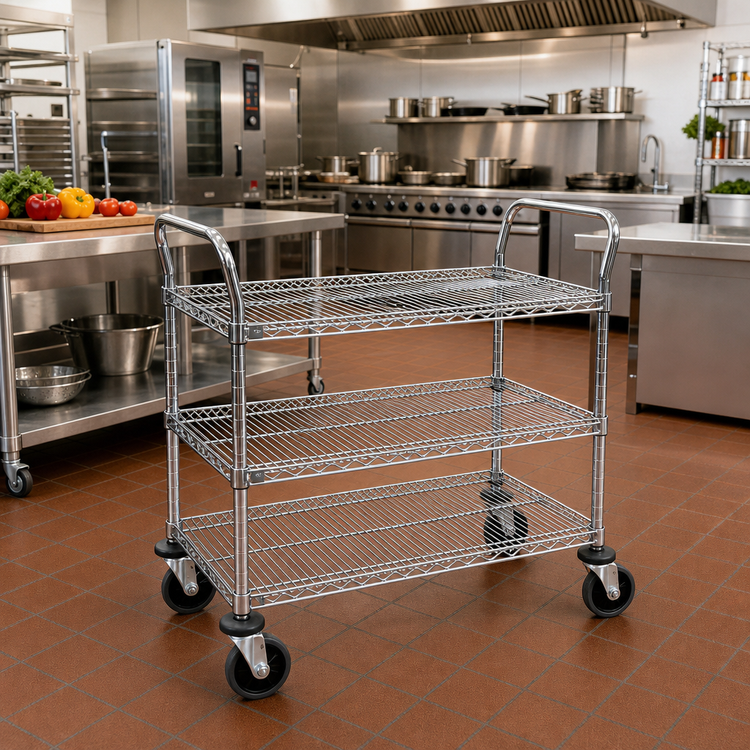 Product image #2 for Metro Super Erecta MW704 Standard Duty 3-Shelf Open Wire Bus Cart with Stainless Steel Frame