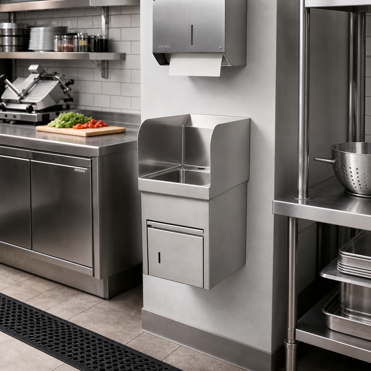 Product image #2 for John Boos Pro-Bowl Wall-Mount Stainless Steel Hand Sink with Towel Dispenser, 9 x 9 Inch Bowl, Left and Right Side Splashes
