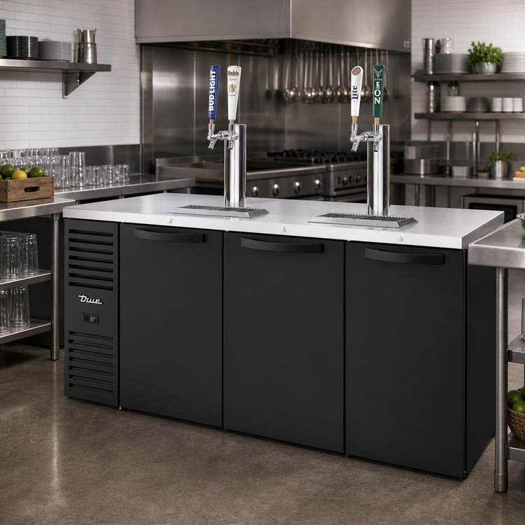 Product image #2 for True Three-Section 72-Inch Refrigerated Draft Beer Cooler with 2 Columns and Stainless Countertop