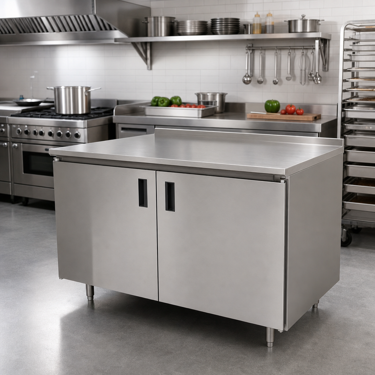 Product image #2 for Enclosed Stainless Steel Work Table, Cabinet Base, Mid-Shelf, Hinged Doors, 14-Gauge 304 Top, 120 x 24 Inches