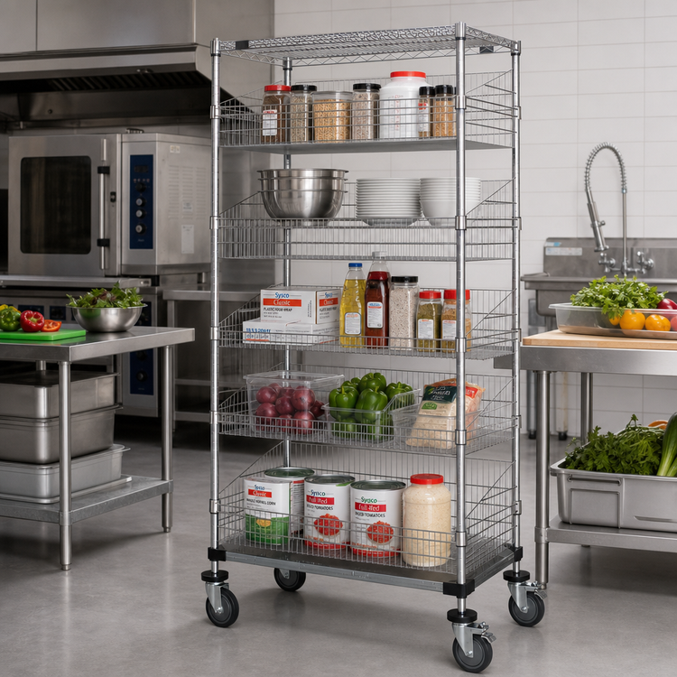 Product image #2 for Quantum 60 Inch Wide Post Basket Cart with 5 Baskets, 1 Wire Shelf, and 1 Solid Shelf