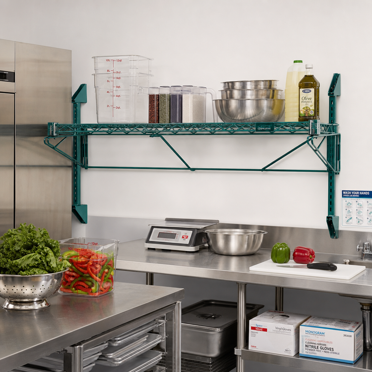 Product image #2 for Quantum Cantilever Wall-Mount Single Wire Shelf System, 54 x 18 Inches, Green Epoxy Antimicrobial Finish
