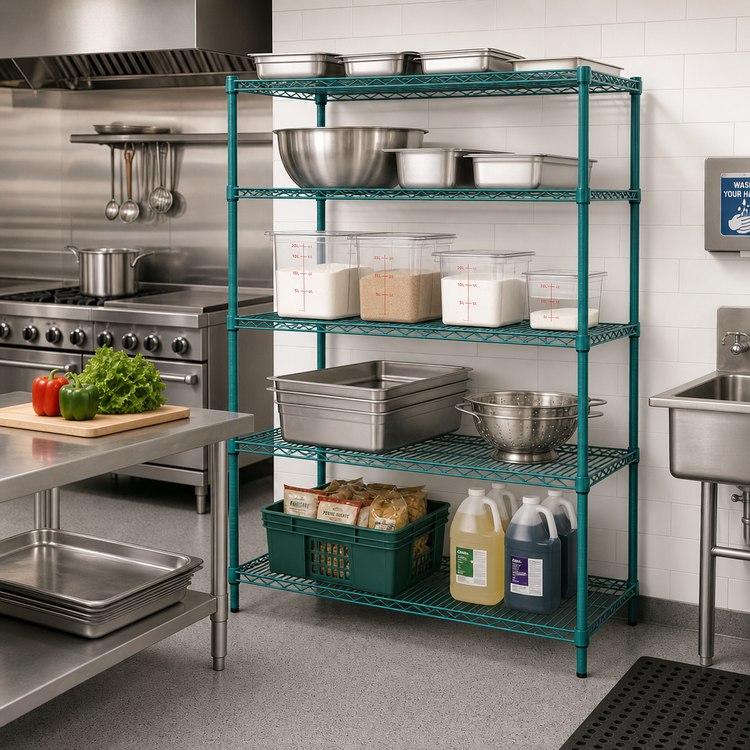 Product image #2 for Quantum 4-Tier Stationary Wire Shelving Unit, 48 x 24 x 72 Inches, Green Epoxy Antimicrobial Finish
