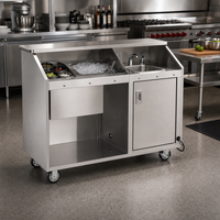 FWE Stainless Steel Mobile Bar with Hand Sink, 60 lb Ice Bin, and 4-Bowl Revolving Server