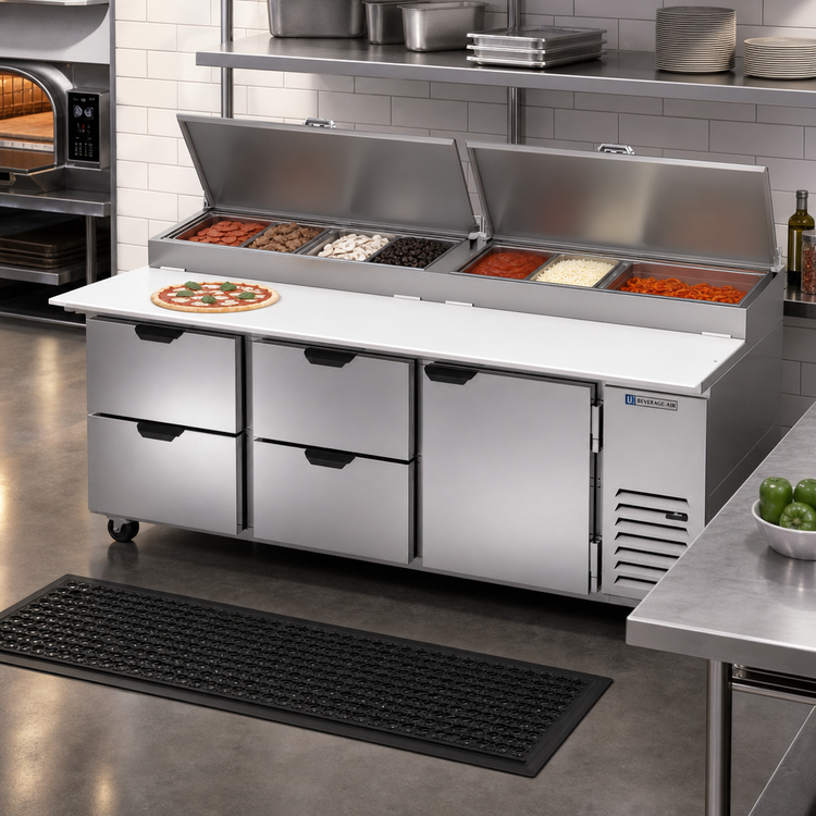 Product image #2 for Beverage-Air Three-Section Refrigerated Pizza Prep Table with 4 Drawers, 1 Door and 19-Inch Cutting Board