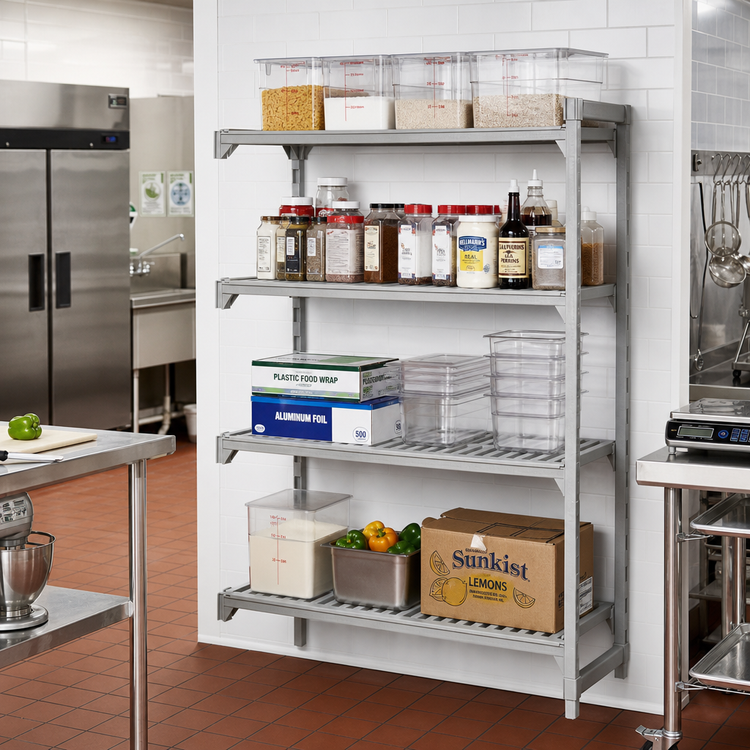 Product image #3 for Cambro Camshelving Premium 4-Shelf Vented and Solid Add-On Polymer Shelving Unit, 18 x 60 x 84 Inches, Speckled Gray