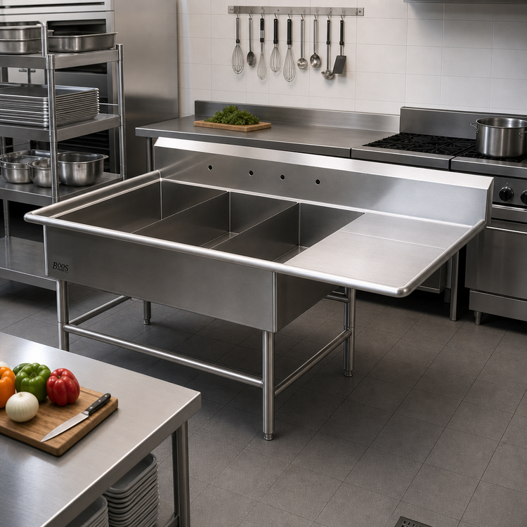 Product image #2 for John Boos Pro-Bowl 3-Compartment Platter Sink with Right Drainboard, 64-3/16" W x 36-1/2" D x 43" H