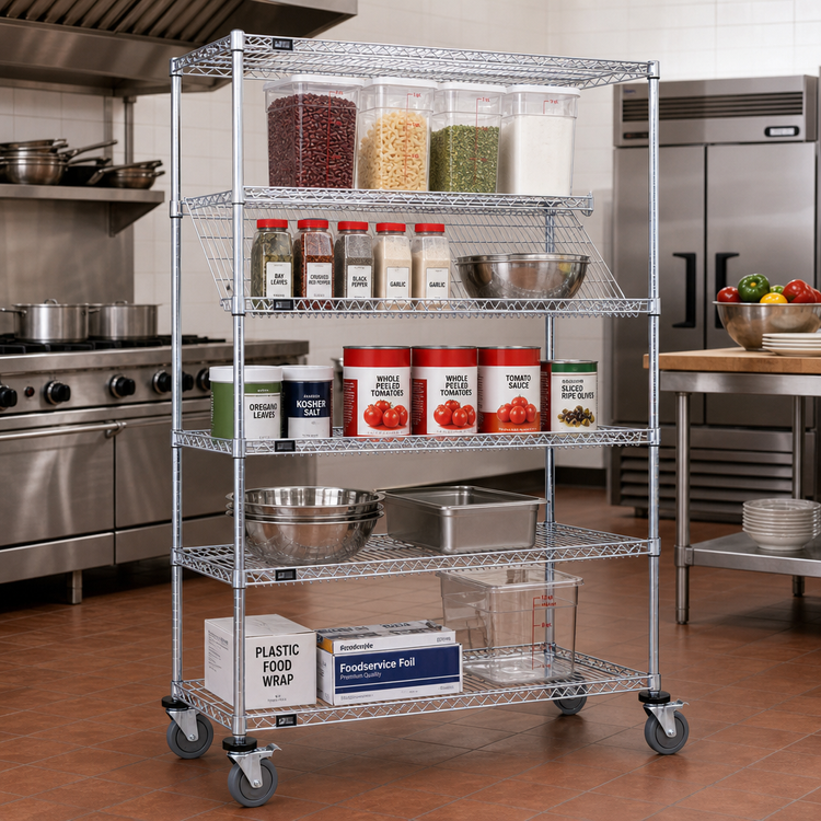 Product image #2 for Quantum Mobile Wire Shelving Cart, 48 x 18 x 63 Inches, 5-Shelf, Chrome-Plated