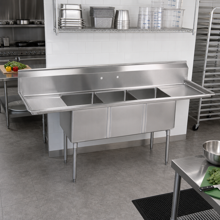 Product image #2 for BK Resources 3-Compartment Stainless Steel Sink with Left & Right Drainboards, 108-Inch W