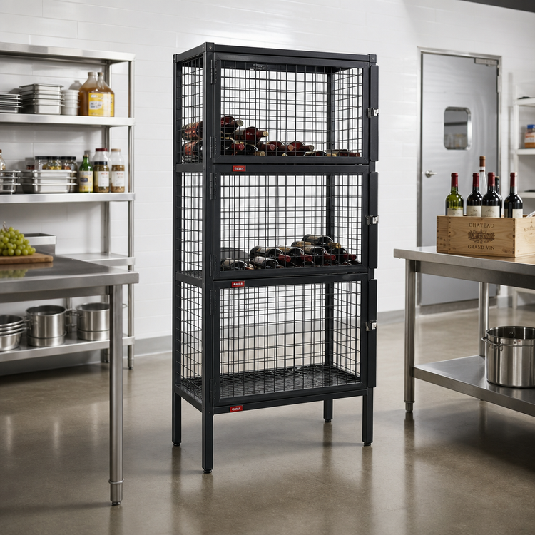 Product image #2 for Eagle Group 3-Tier Bulk Wine Storage Unit with Hinged Security Doors, 36-Inch Wide, 180-Bottle Capacity, Black Powder-Coated Finish