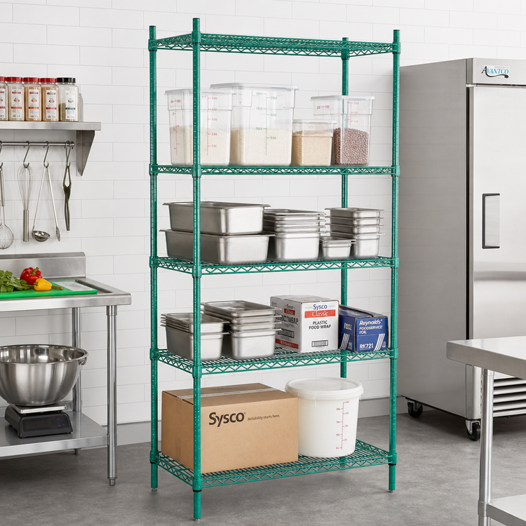 Product image #2 for Advance Tabco Special Value Series 4-Shelf Stationary Wire Shelving Unit, 60" W x 14" D x 74" H, Green Epoxy