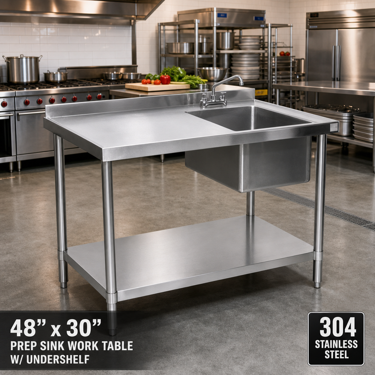Product image #2 for 48 Inch x 30 Inch 304 Stainless Steel Right-Side Prep Sink Work Table with Undershelf