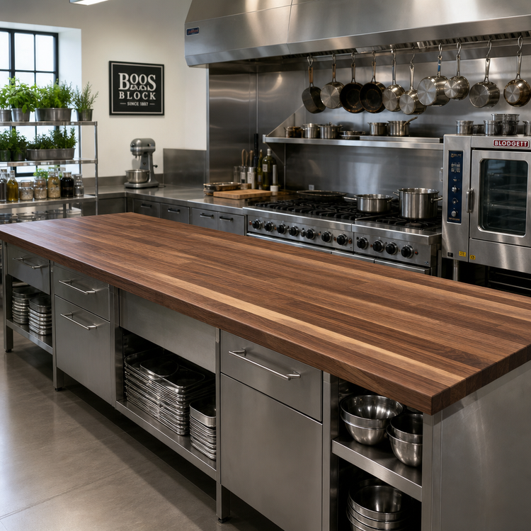 Product image #2 for Boos Block 96-Inch x 27-Inch Blended Edge Grain American Black Walnut Kitchen Countertop, Varnique Finish