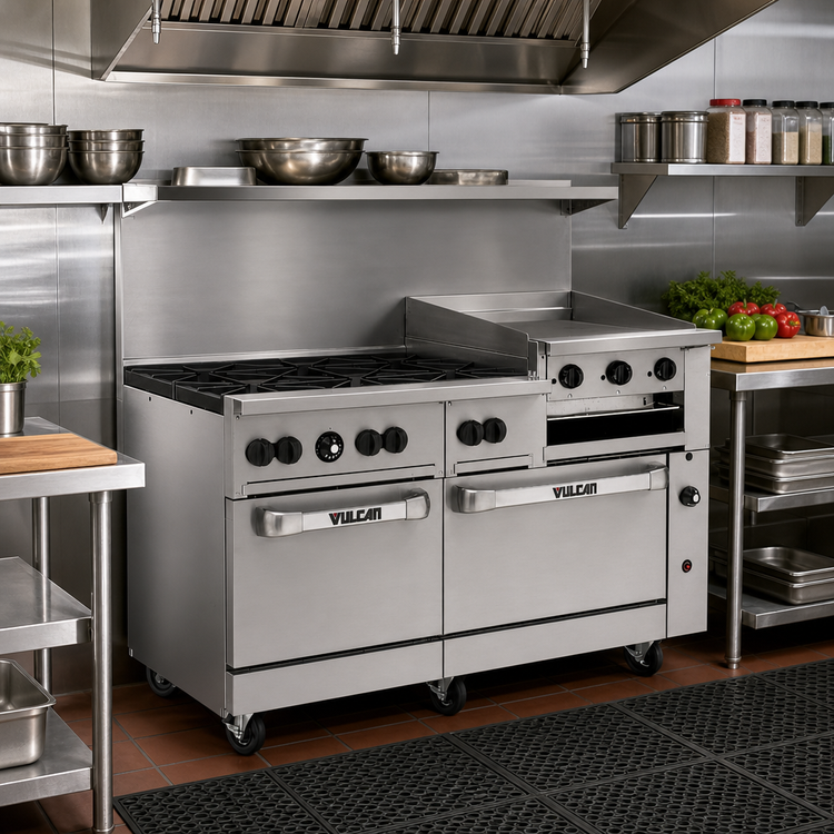 Product image #3 for Vulcan Endurance 60-Inch Propane Gas Restaurant Range with 6 Open Burners, 24-Inch Griddle-Broiler and 2 Standard Ovens