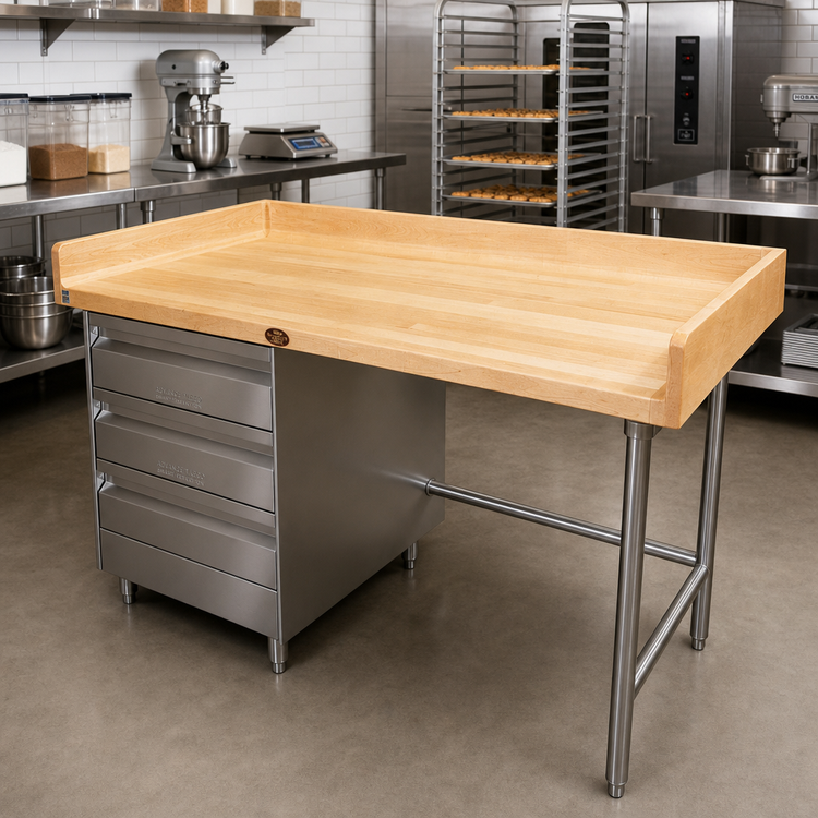 Product image #2 for Advance Tabco 96-Inch Bakers' Top Work Table with Wood Top, 3-Tier Left Drawers and Stainless Steel Base