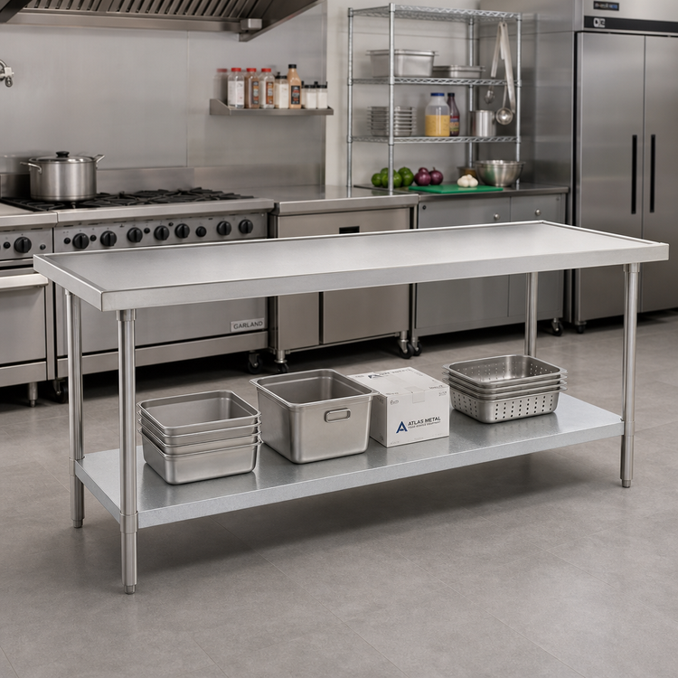 Product image #2 for Advance Tabco 144" x 48" Flat Top 304 Stainless Steel Work Table with No-Drip Edge and Galvanized Undershelf