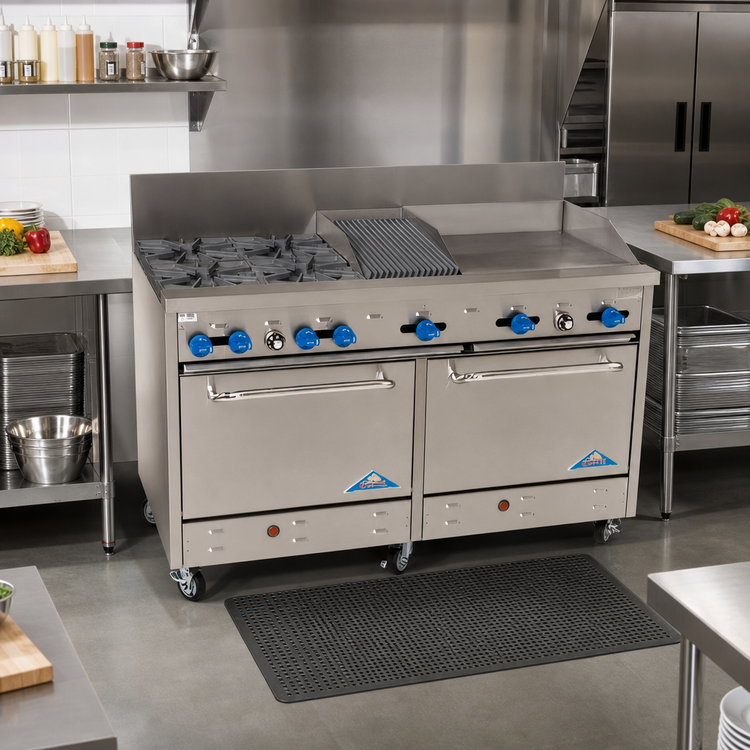 Product image #2 for Comstock-Castle 60-Inch Commercial Gas Range with 4 Open Burners, 24-Inch Raised Griddle, 12-Inch Char-Broiler, and 2 Standard Ovens