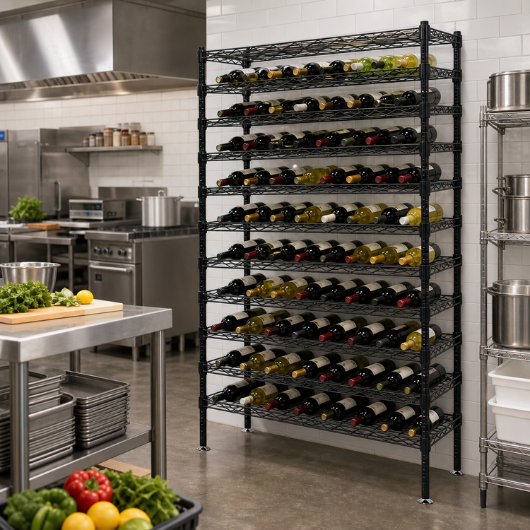 Product image #2 for Quantum Wire Cradle Wine Rack Shelving Unit, 48W x 14D x 86H, 204-Bottle Capacity, Black Epoxy Antimicrobial Finish
