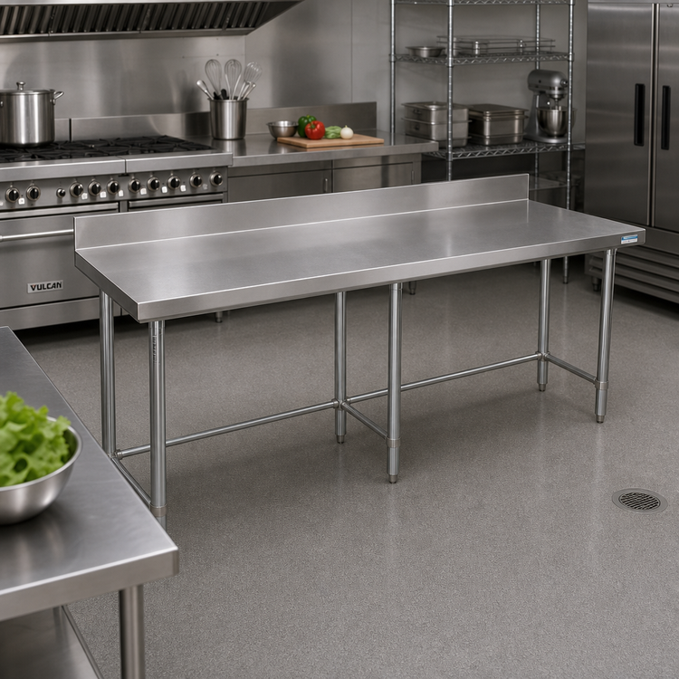 Product image #2 for BK Resources 72" x 24" 18-Gauge 430 Stainless Steel Open Base Work Table with 5" Backsplash