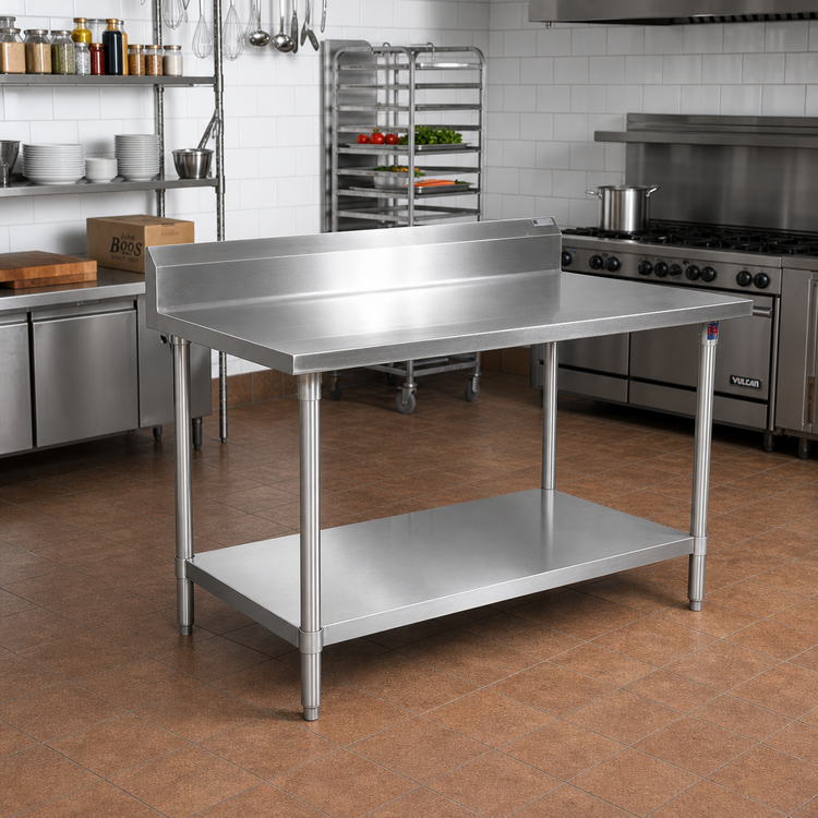 Product image #2 for John Boos Stallion 120-Inch x 30-Inch 14-Gauge Stainless Steel Work Table with 5-Inch Backsplash, Galvanized Base, and Adjustable Undershelf