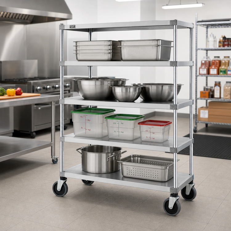 Product image #2 for Metro Super Erecta 4-Shelf Solid Shelf Stem Caster Cart, 60 x 24 x 69 Inch, Galvanized, Chrome Plated Posts, Polyurethane Casters