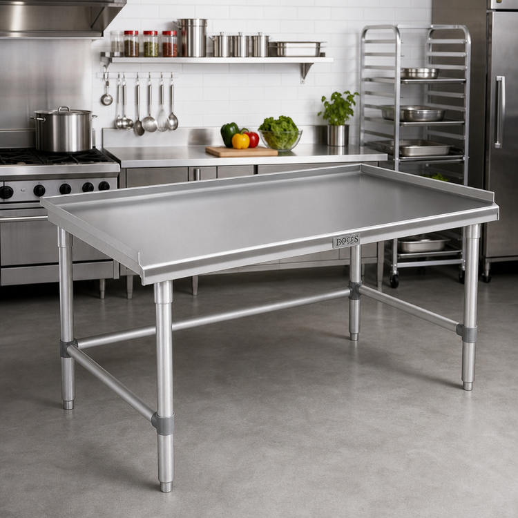 Product image #2 for John Boos 72" x 30" Stainless Steel Equipment Stand with 16-Gauge Top and Up-Turned Back/Sides