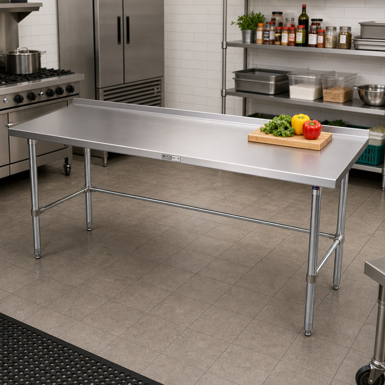 Product image #2 for John Boos Stallion 120" x 30" Stainless Steel Top Work Table with Stallion Safety Edge, 1-1/2" Rear Up-Turn, and Galvanized Base