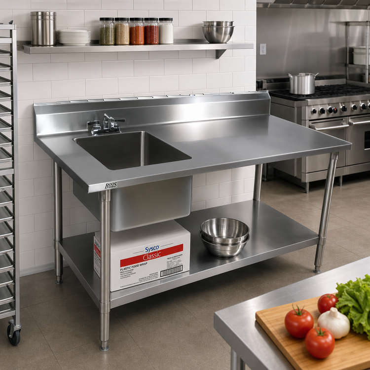 Product image #2 for John Boos 48-Inch Stainless Steel Prep Table With Left Sink Bowl, Galvanized Base, Backsplash and Faucet