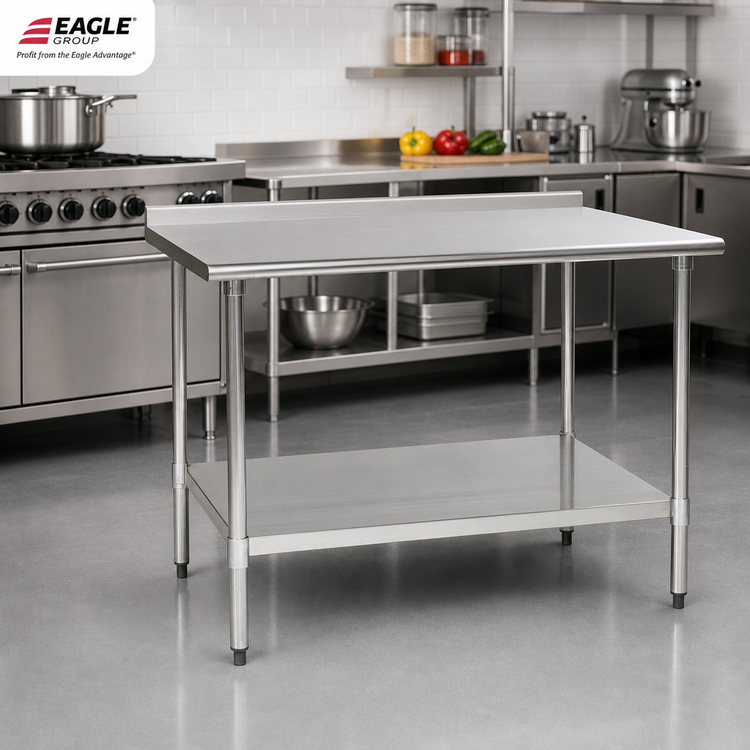 Product image #2 for Eagle Group Budget Series 60-Inch x 30-Inch 430 Stainless Steel Work Table with Rear Up-Turn and Adjustable Undershelf