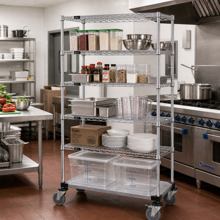 Product image #2 for Quantum Mobile 5-Shelf Wire Shelving Cart, 36 Inch W x 18 Inch D x 80 Inch H, Chrome Finish
