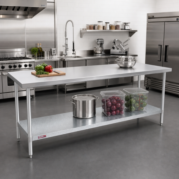 Product image #2 for Duke 144-Inch x 36-Inch Stainless Steel Work Table with Galvanized Undershelf and Posts, No Backsplash