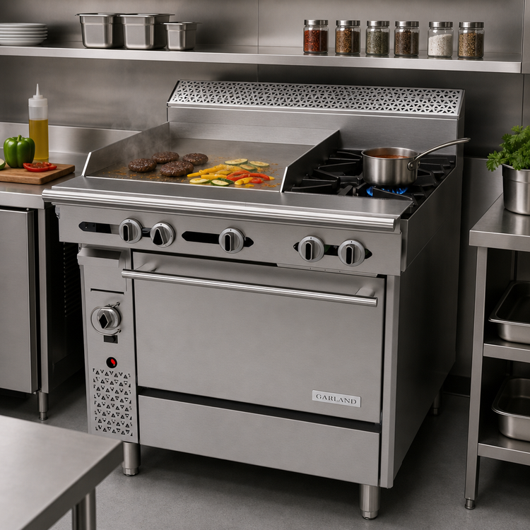 Product image #2 for Garland Cuisine Series 36-Inch Heavy Duty Gas Combination Top Range with 24-Inch Left Griddle, 2 Open Burners, and Convection Oven
