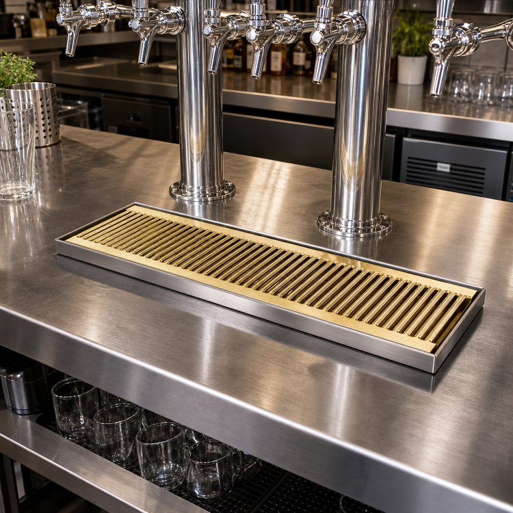 Product image #2 for Micro Matic Surface-Mount Drip Tray with PVD Brass Grid, 20 x 5 Inches, Stainless Steel