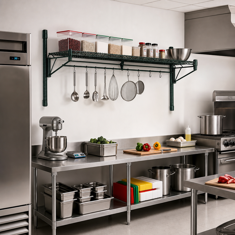 Product image #2 for Eagle Valu-Gard Green Epoxy Reversible Angled Wire Shelf with Hanger Rails, 48 x 18 Inches