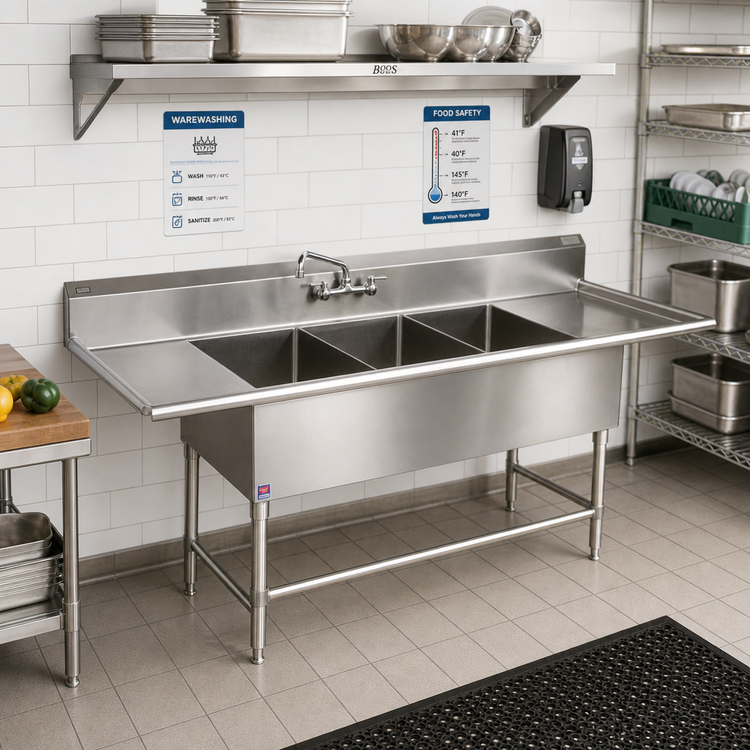 Product image #2 for John Boos Pro-Bowl 3-Compartment Sink with Left and Right Drainboards, 20" x 20" x 14" Bowls, 14-Gauge 300-Series Stainless Steel