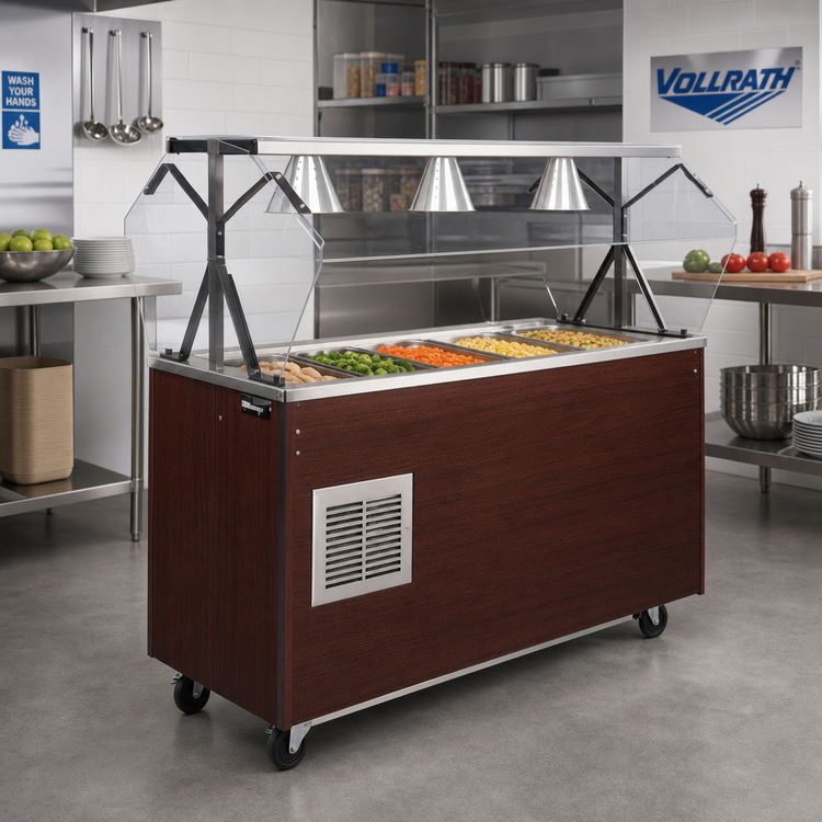 Product image #2 for Vollrath 2-Series Affordable Portable 4-Pan Refrigerated Cafeteria Unit with Breath Guard, Cherry Woodgrain Wrapper, and Storage Base