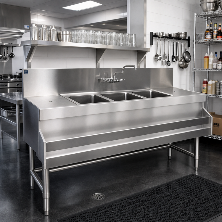 Product image #2 for Eagle Spec-Bar Three-Compartment Underbar Sink Unit with Left and Right Drainboards, 84 Inches Wide x 24 Inches Deep
