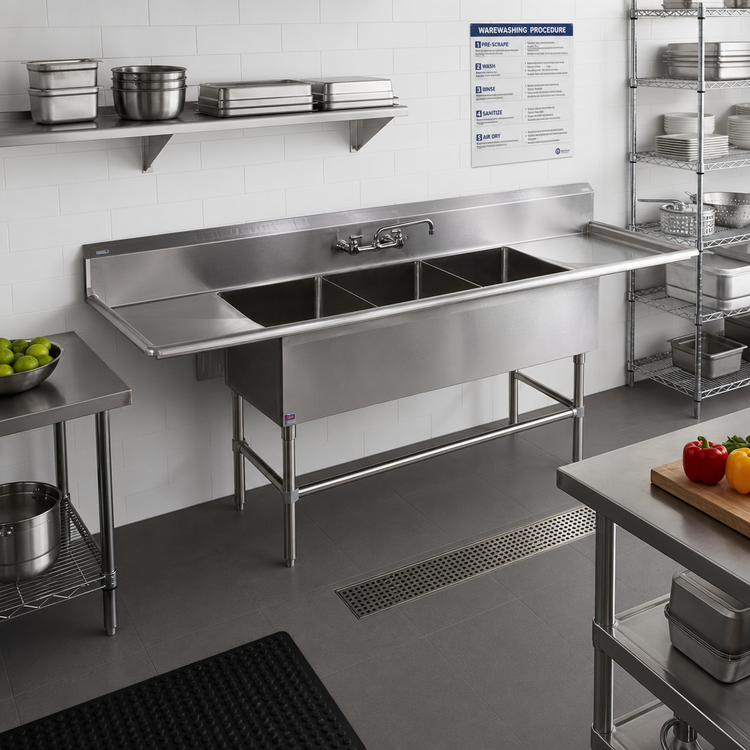 Product image #2 for John Boos Pro-Bowl Freestanding 3-Compartment Stainless Steel Sink with Left and Right Drainboards, 111-1/4 Inch Wide