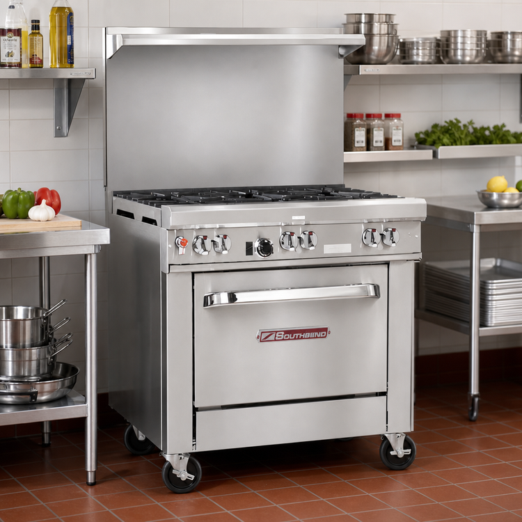 Product image #2 for Southbend Ultimate 36-Inch Commercial Gas Range with 3 Star/Sauté Front Burners, 2 Pyromax Rear Burners, Cabinet Base, and Hi-Shelf Riser