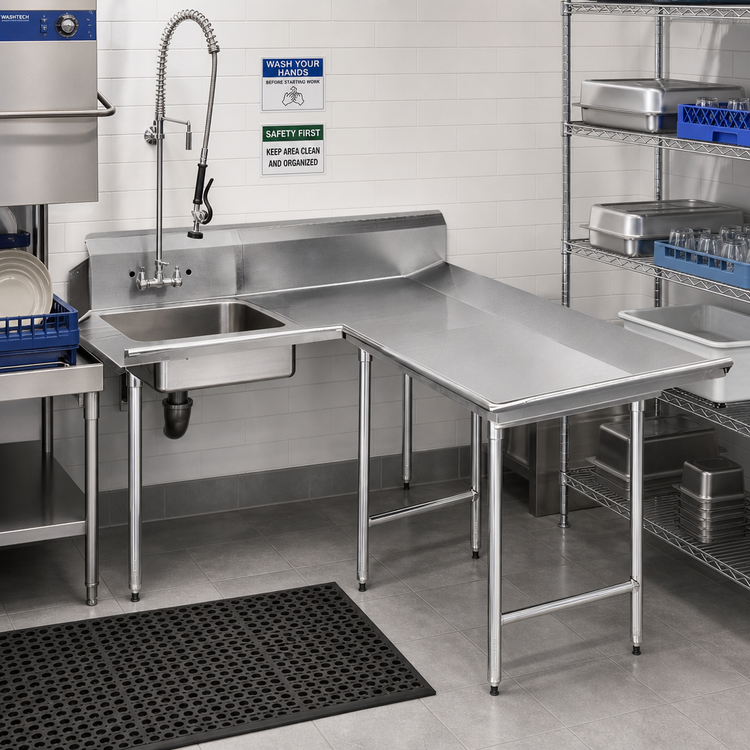 Product image #2 for Advance Tabco L-Shaped Corner Dish Table with Right-Hand Landing and Pre-Rinse Sink, 71 Inches, 14/304 Stainless Steel