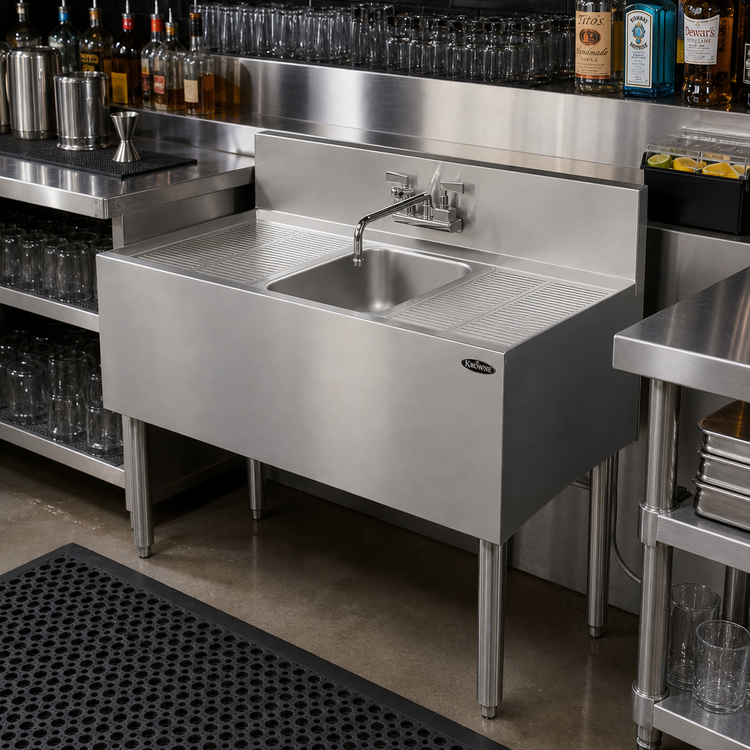 Product image #2 for Krowne Royal Series One-Compartment Underbar Bar Sink with Dual 12-Inch Drainboards, 36 Inch W x 19 Inch D