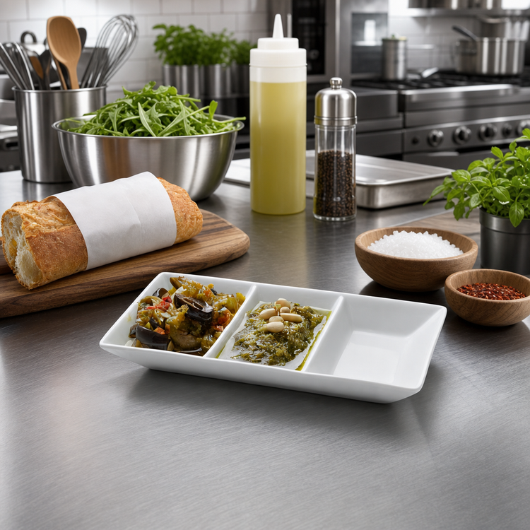 Product image #2 for Porcelain Three-Compartment Sauce Dish, 1.5 oz, 5.75 x 3.13 x 1 Inch