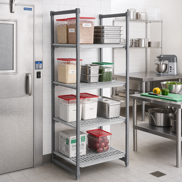 Product image #2 for Cambro Camshelving Basics Plus 4-Tier Stationary Starter Polymer Shelving Unit with Vented Shelves, 21 x 42 x 64 Inches, Brushed Graphite