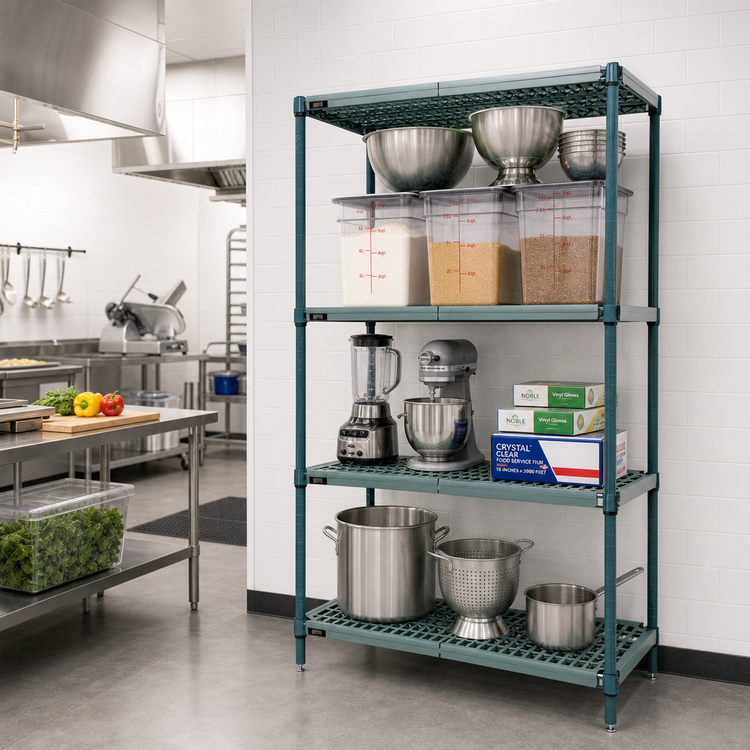 Product image #2 for Quantum 4-Tier Stationary Wire Plastic Mat Shelving Unit, 48 x 24 x 63 Inches, Green Epoxy